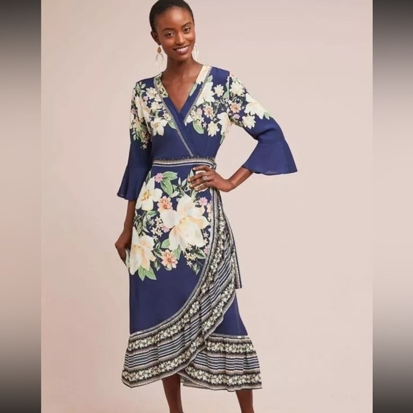 Farm Rio Anthropologie Midnight‎ Flower Wrap Dress 3/4 Sleeves Blue SP - Picture 1 of 16
